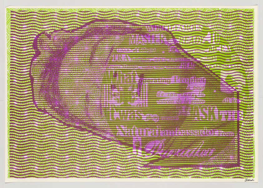A stylized banknote-like print with a central portrait and wavy security pattern background.