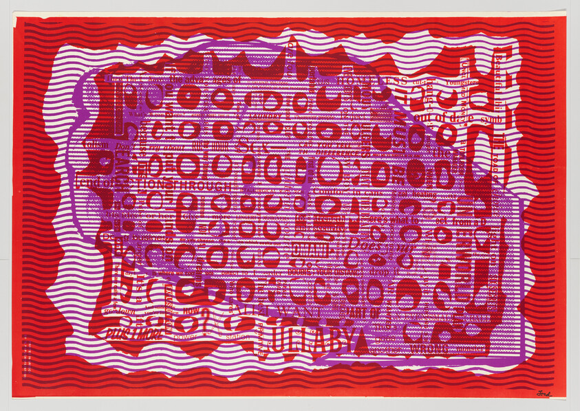 Red and purple abstract print with wavy lines and layered numeric and text patterns including "Lullaby".