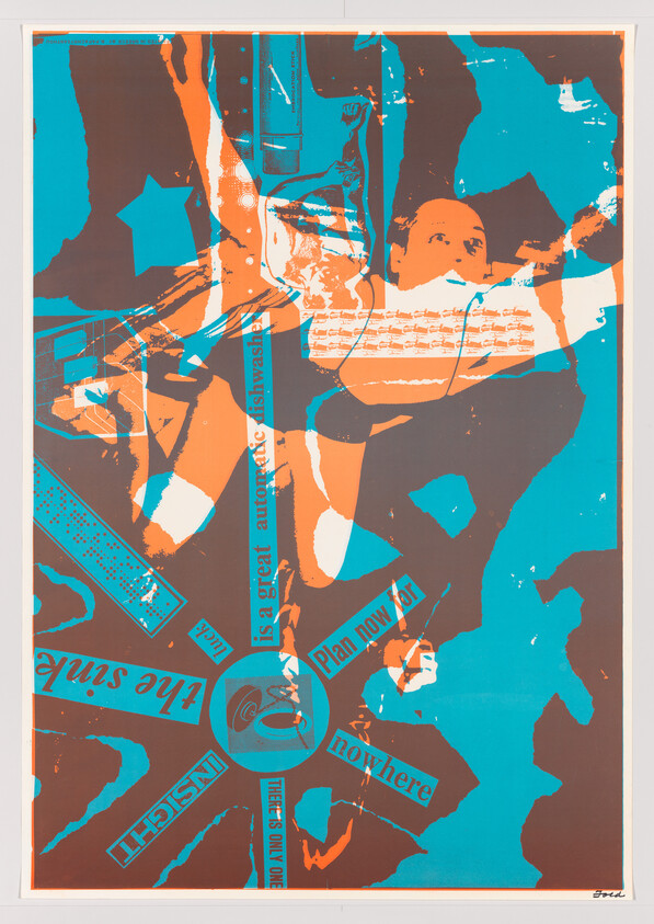 A bold cyan and orange pop-art poster showing a reclining woman with scattered slogans and graphics.