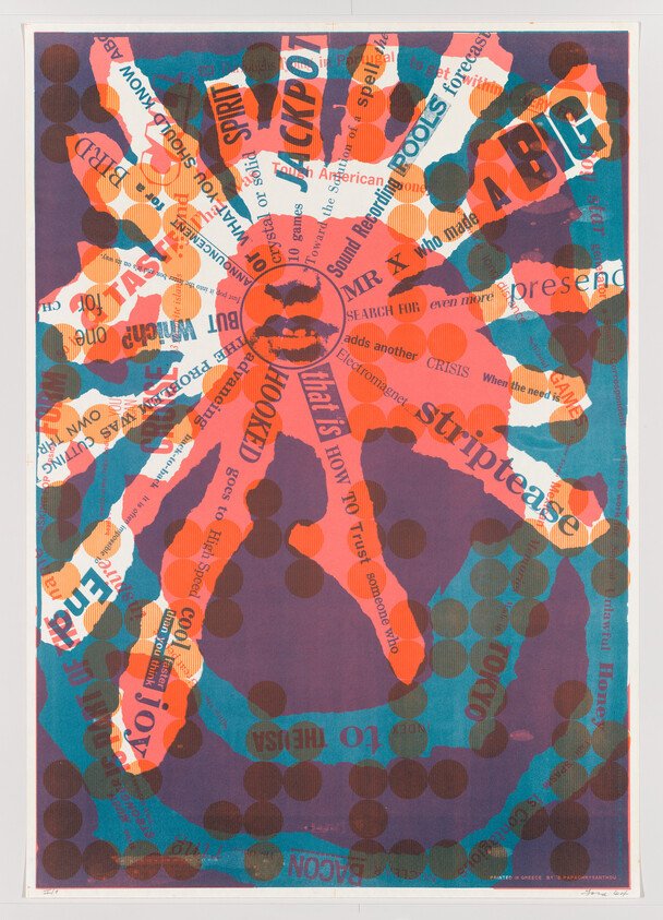 Bright psychedelic poster showing a radial hand-like burst with central lips and scattered words.
