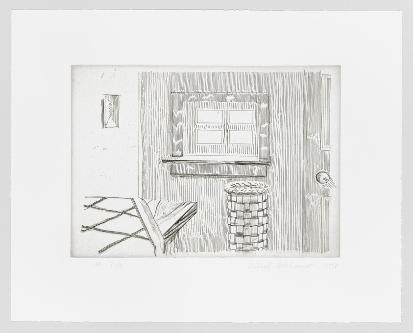 A black and white etching depicting a quaint interior scene with a wooden chair tipped over in the foreground, a woven basket beside a paneled door, and a framed picture hanging on the wall. The artwork is signed and numbered in the bottom margin.