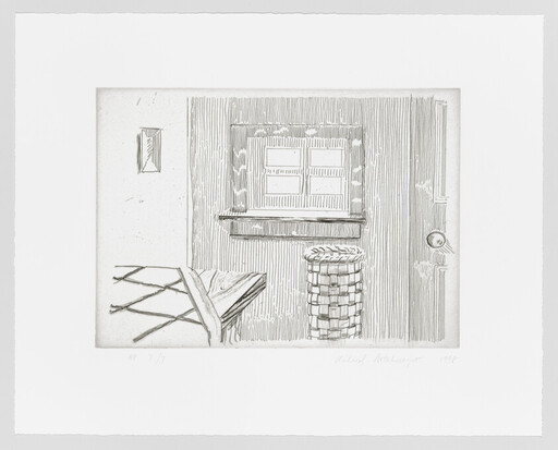 A simple rustic room with a small four-pane window, woven stool, and a folded cot.