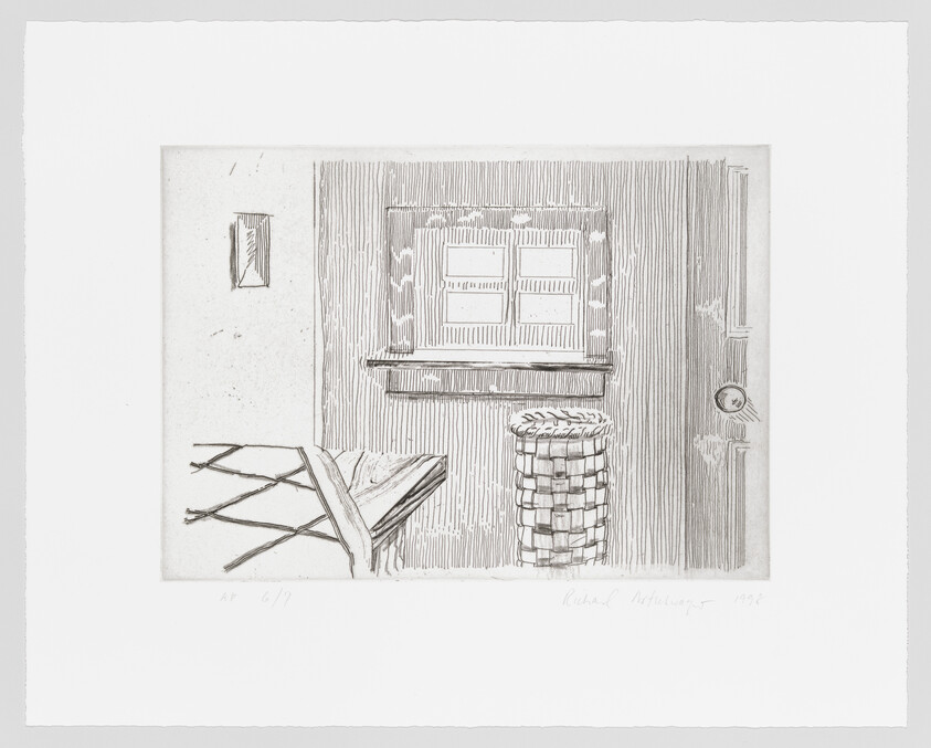 A black and white etching depicting an interior scene with a wooden chair tipped over in the foreground, a woven basket sitting on a surface to the right, and a window with closed shutters in the center. The walls are adorned with vertical lines suggesting wooden paneling, and there's a door with a round knob to the right. The artwork is signed and dated at the bottom right, with an edition number at the bottom left.