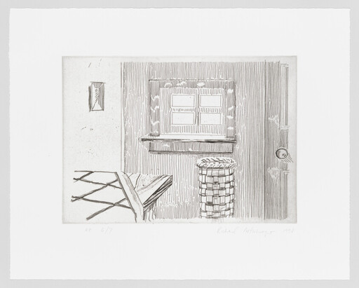 Small room interior with a window above a shelf, a woven basket, and a simple cot.