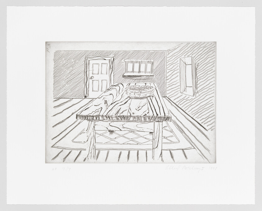 A black and white etching of an interior scene featuring a bed with a patterned coverlet in the foreground, a window with curtains on the right, and a door on the left. The room is depicted with strong linear perspective, creating a sense of depth. Shadows and patterns on the floor and walls add to the room's dimensionality. The artist's signature and the year 1997 are visible in the lower right corner, with "AP '77" written on the lower left, indicating an artist's proof.