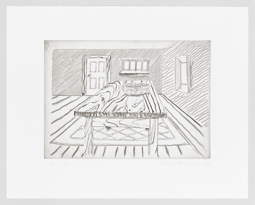 A long rough wooden table with a bowl sits centered in a simple room with door and window.