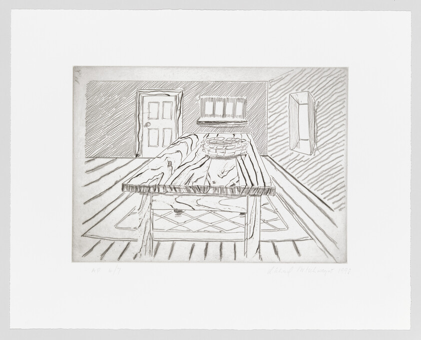 A black and white etching depicting an interior scene with a bed in the foreground, covered with a patterned blanket. The room includes a table with a vase, a door, and a window casting shadows on the floor and walls. The artwork is signed and dated in the bottom right corner, with an edition number on the bottom left.