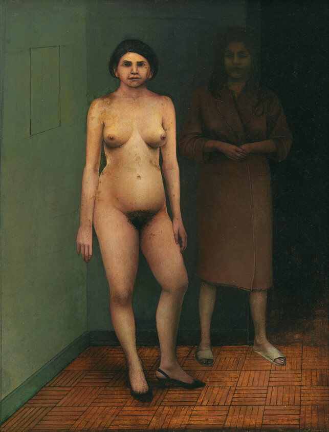 A nude woman stands in a room corner while a clothed woman watches from the shadows.