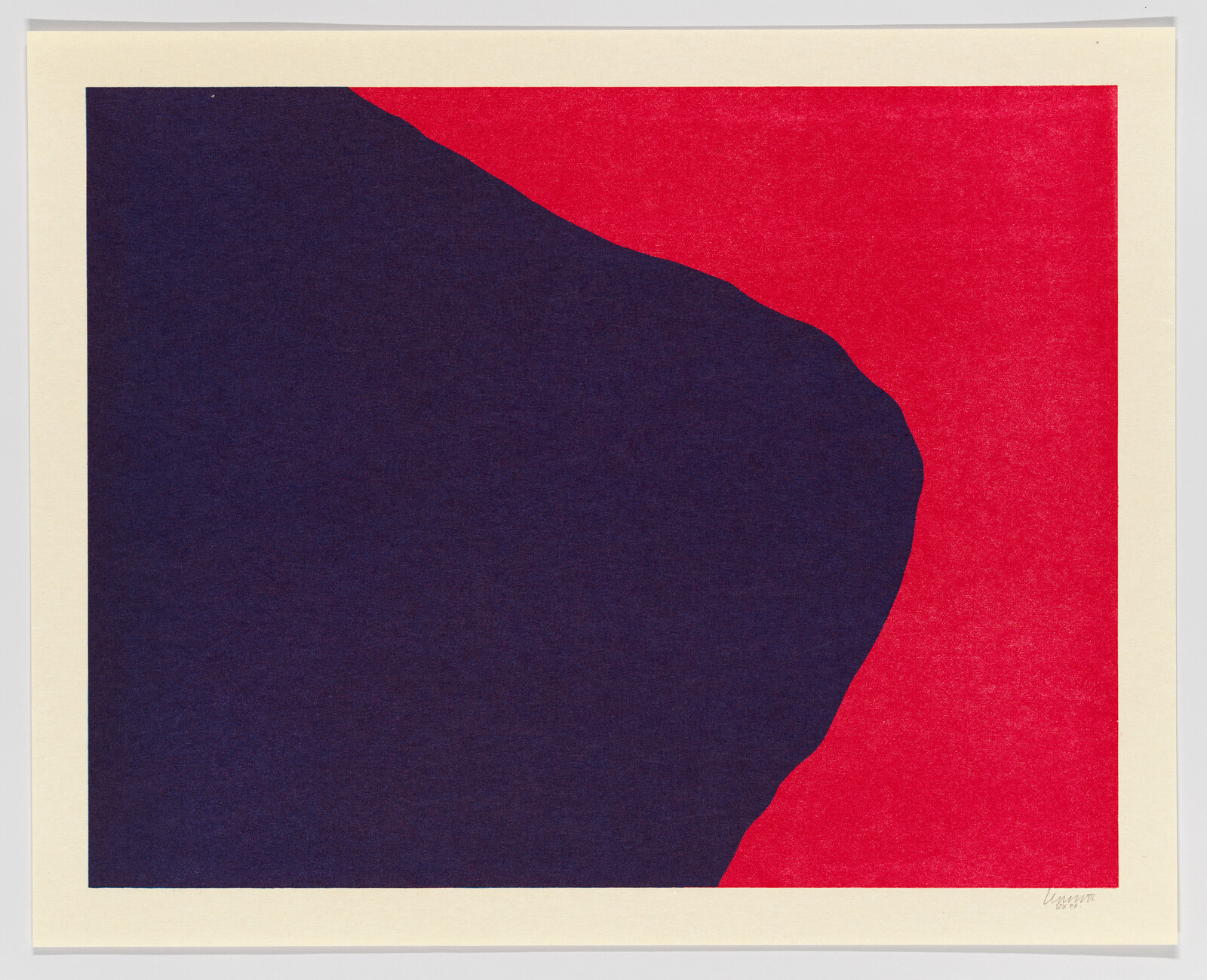 A modern abstract artwork featuring a bold red and dark blue color block design with a curved boundary between the two colors, set against an off-white paper background. The artist's signature is visible in the lower right corner.