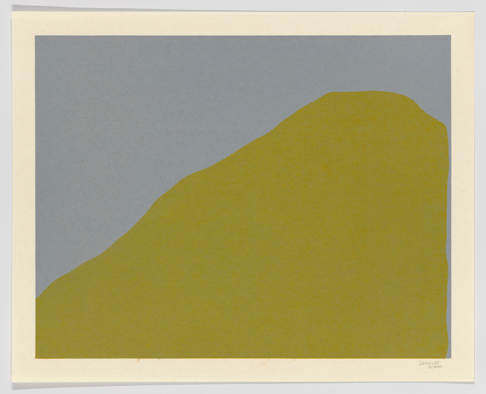 A minimalist art print featuring a large ochre-colored geometric shape on a gray background, resembling a mountain or hill, with a signature in the lower right corner on a cream-colored border.