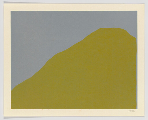 Large olive-green abstract hill shape rises against a muted gray background with a cream border.