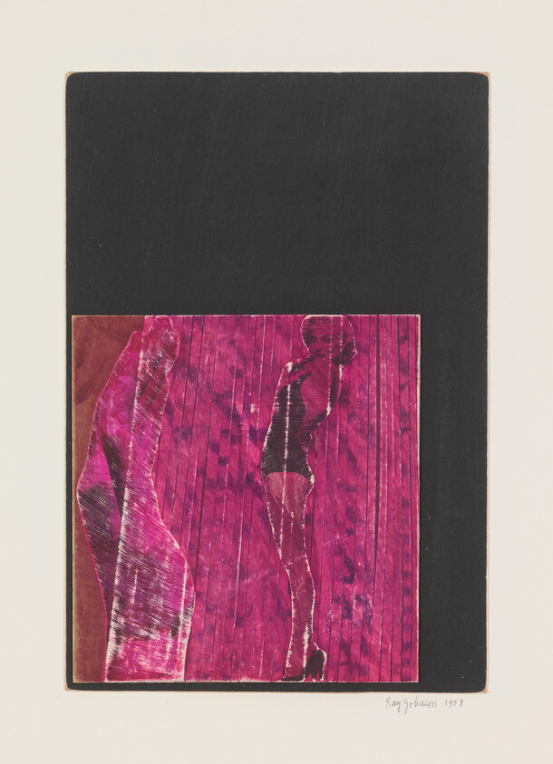 Two women in swimsuits stand against a pink, striped background, with one woman facing forward and one in profile.