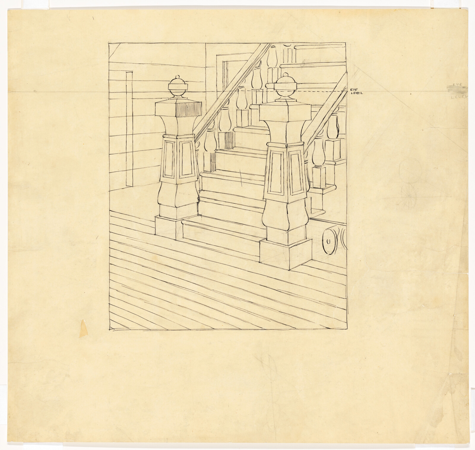 Detailed pencil drawing of a wooden staircase with ornate newel posts and balusters.