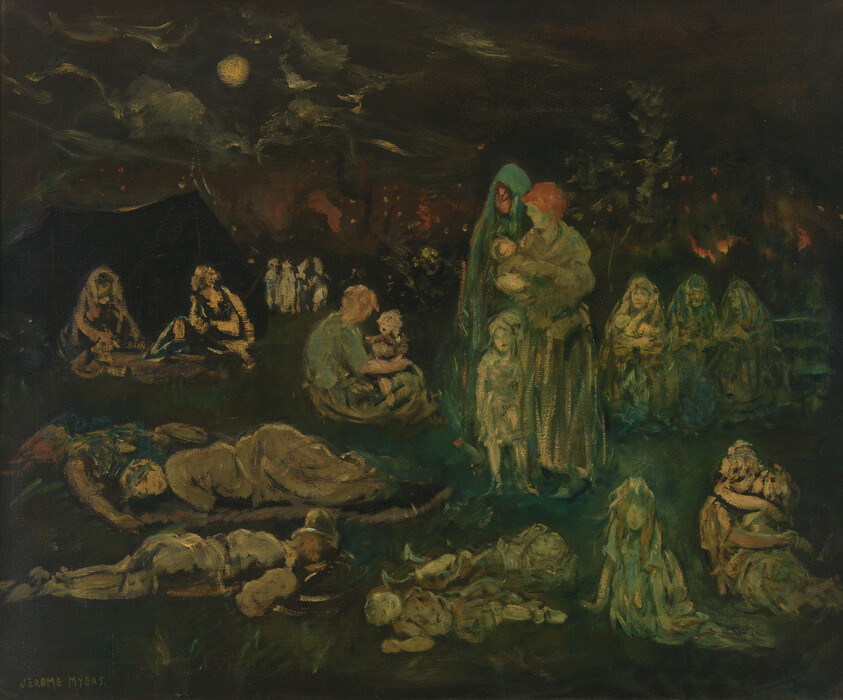 A group of weary refugees and children gathered on a dark field at night under a moon.