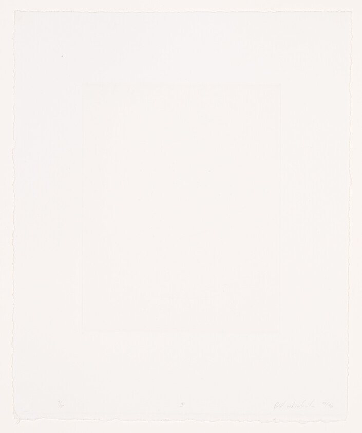 A minimalist artwork consisting of a white embossed square centered on a larger white paper canvas with rough edges, signed and dated by the artist in the bottom right corner.