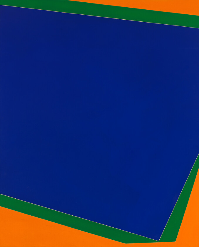 A large tilted blue polygon with a green border sits against a bright orange background.