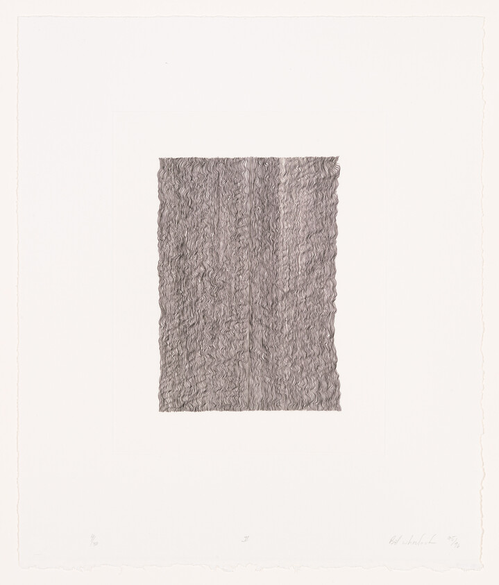 A grayscale abstract artwork featuring a textured rectangle in the center of a white background, with the texture resembling crumpled fabric or waves. The artwork is signed and numbered at the bottom.