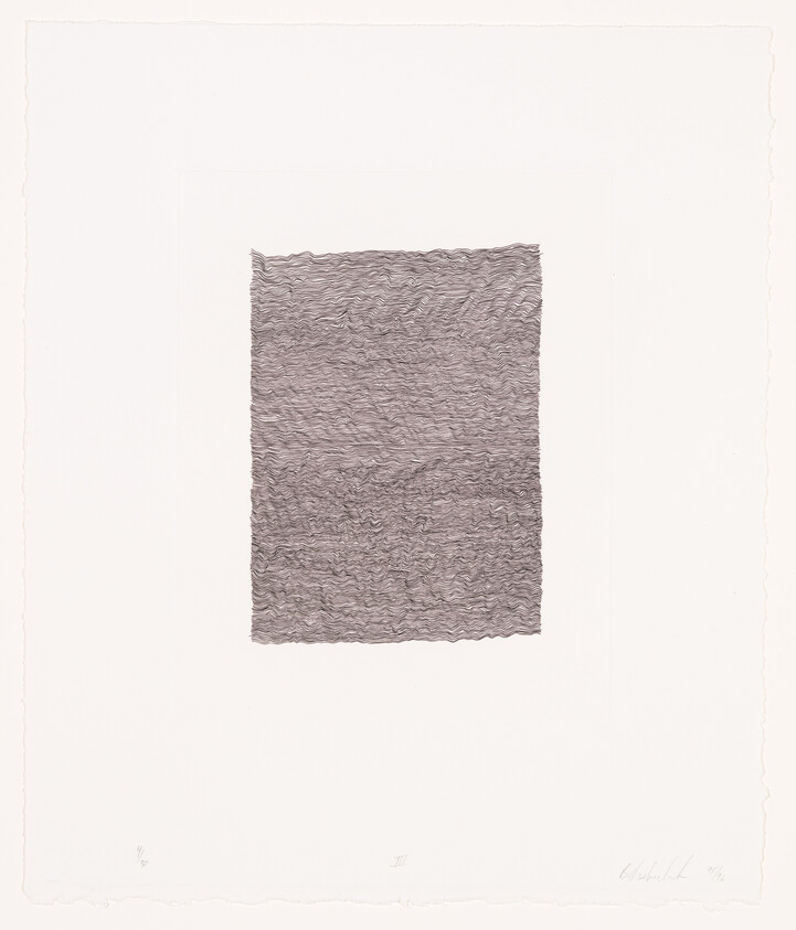 A textured abstract artwork centered on a white background, featuring a rectangular area filled with a dense pattern of wavy, horizontal lines in varying shades of gray. The piece is signed and numbered at the bottom.