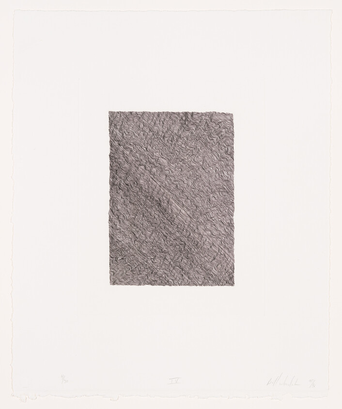A grayscale abstract etching featuring a textured square centered on a white background with deckled edges. The square has a dynamic, wavy pattern, and there are artist's markings and a signature at the bottom.