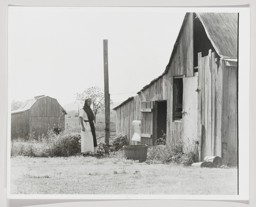 A woman stands beside a weathered wooden barn and a metal wash tub in a field.