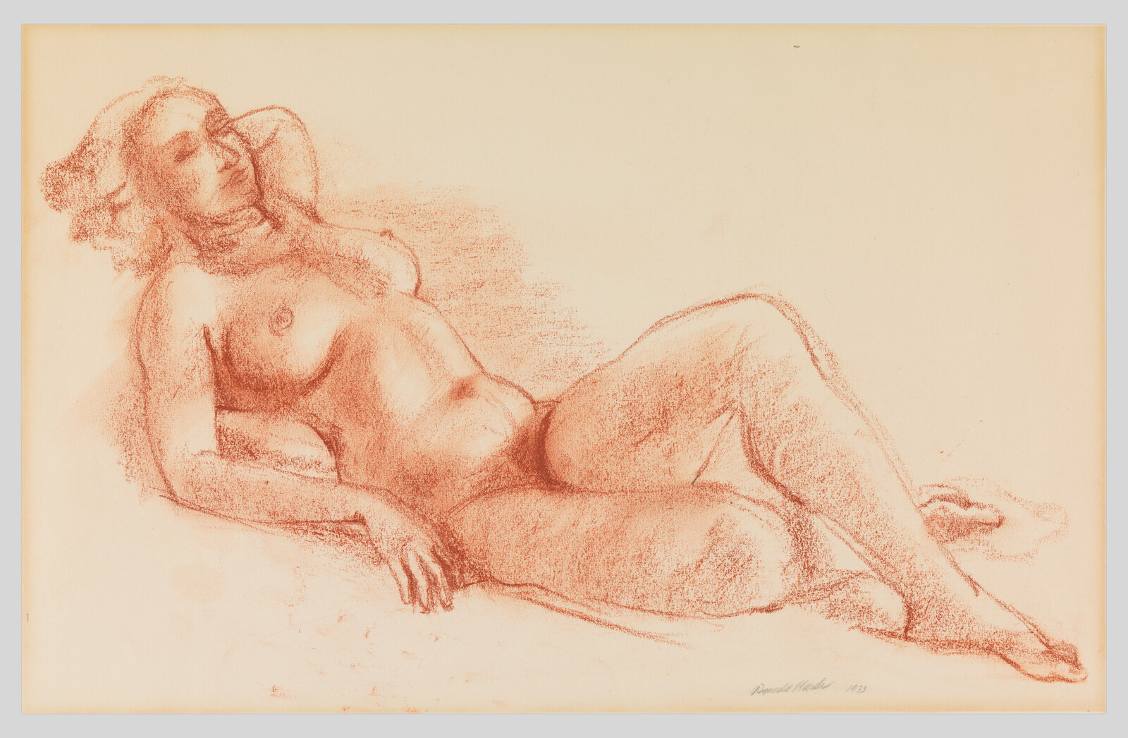 A reclining nude woman rests on her side with one hand behind her head.