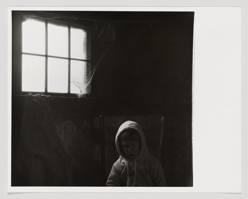 Young child in a hoodie sits in a dark room near a bright window with cobweb.