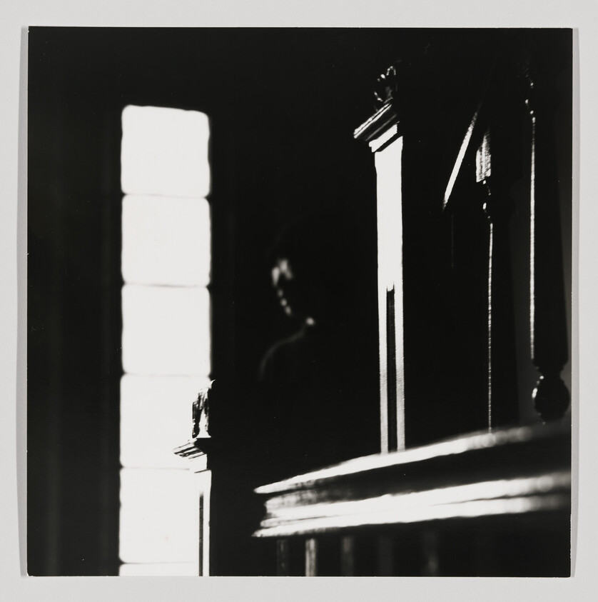 Person's dark silhouette stands near a bright tall window beside a wooden railing.