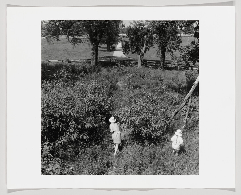 Two children wearing sun hats walk through tall grass toward trees and a wooden fence.