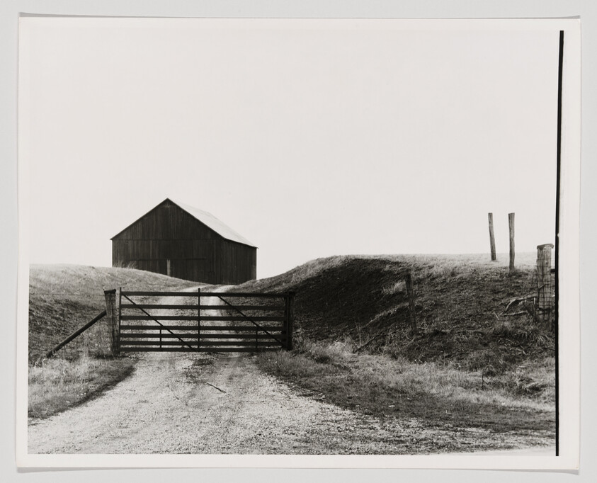 A gravel road leads to a closed wooden gate with a dark barn on the hill.