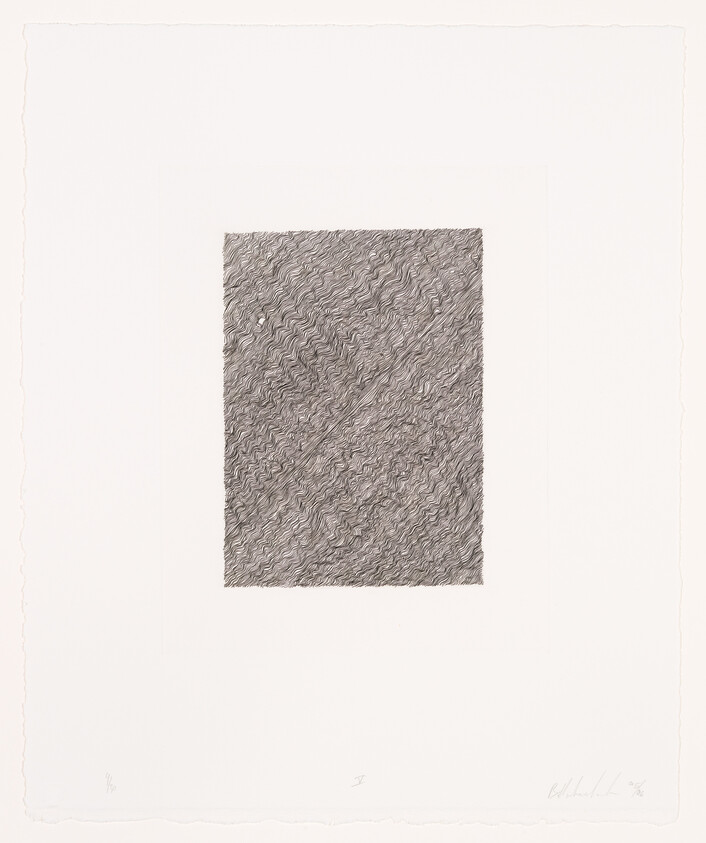 A grayscale abstract etching with a dense pattern of wavy lines centered on a white paper. The artwork is signed and numbered in pencil on the bottom edge.