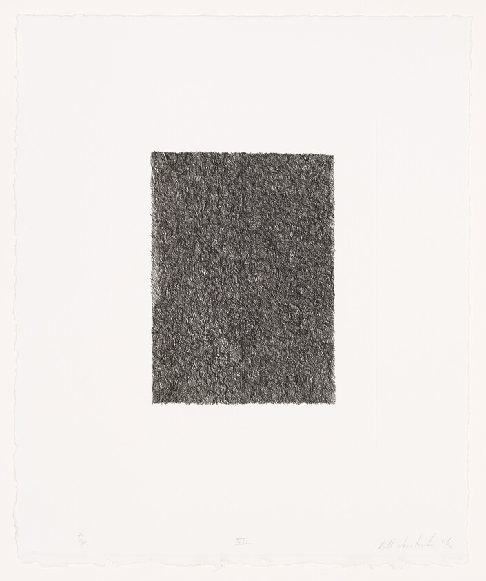 A black and white etching of a dense, textured square in the center of a white paper with rough edges. The square has a scribbled appearance, creating a sense of depth and intensity. There are artist's markings and a signature at the bottom right corner.