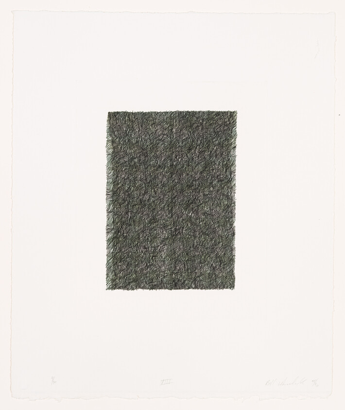 A textured print featuring a dense, scribbled pattern within a rectangular shape centered on a white background, with artist's signature and edition number at the bottom.