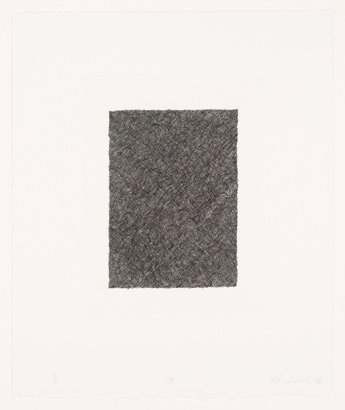 A black and white etching featuring a dense, textured square pattern in the center of the paper. The artwork is signed and numbered in pencil on the bottom edge.