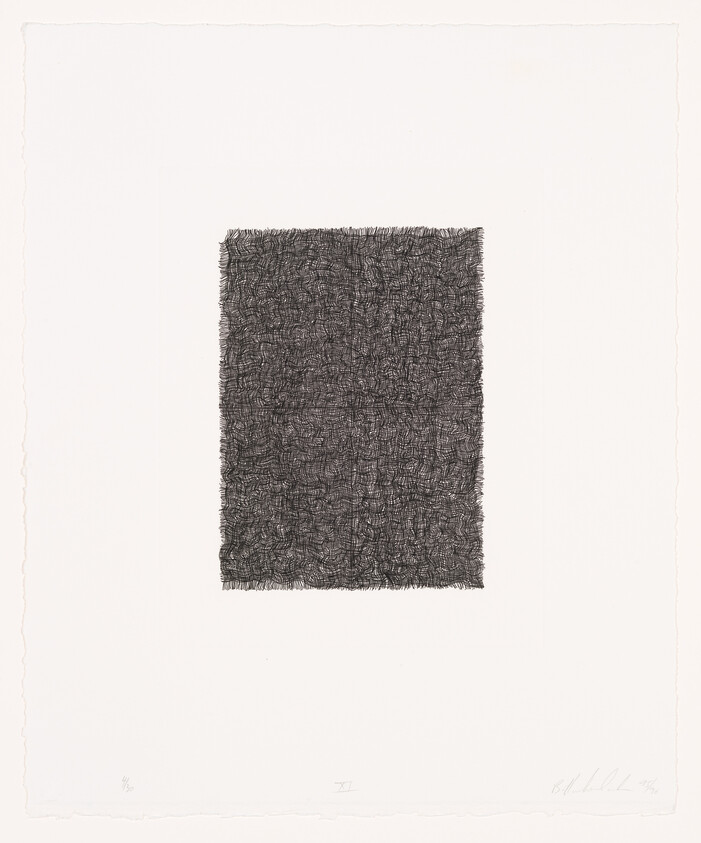 A dense, dark rectangular block of overlapping short black lines centered on a white sheet.