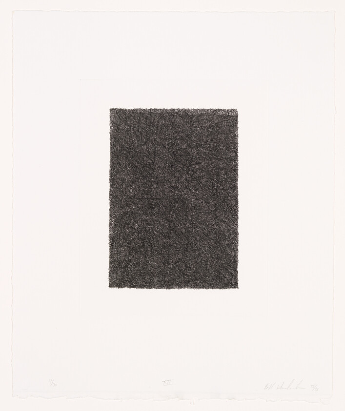 A monochromatic etching featuring a dense, textured black square centered on a white paper background. The artwork has a rough, scribbled appearance within the square and is signed and numbered by the artist in the lower margin.