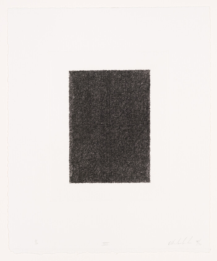 Dense black textured rectangle centered on white paper with rough, deckled edges.