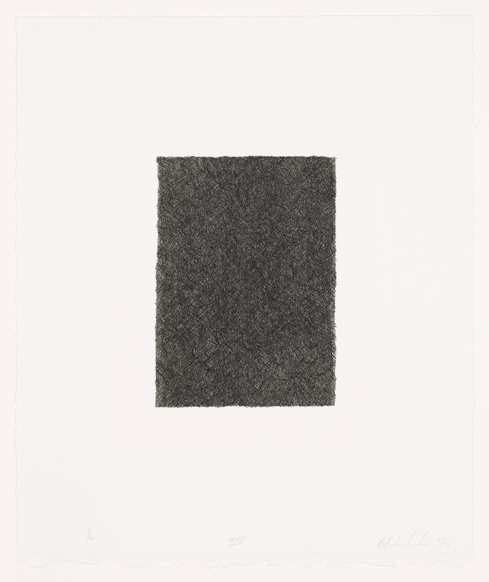 A centered dark rectangular block filled with dense, crisscrossing pencil-like strokes on white paper.