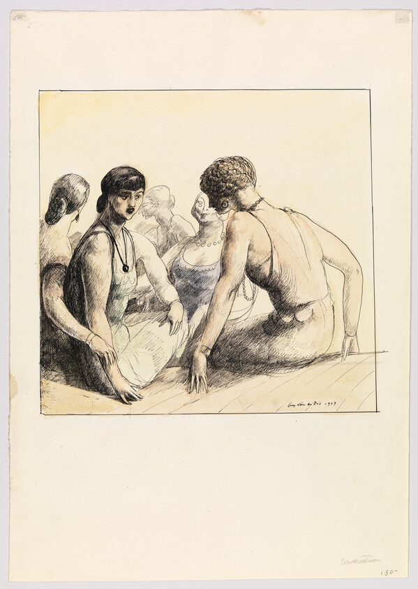 Several women in vintage dresses sit closely together, leaning forward and talking.