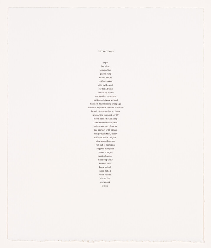 A photograph of a white paper with a list titled "DISTRACTIONS" at the top, featuring various common interruptions such as "phone rang," "coffee shakes," "cat needed to get out," and "baby kicked." The text is aligned to the upper right corner of the paper, which has rough edges, suggesting it may be a high-quality or handmade paper.