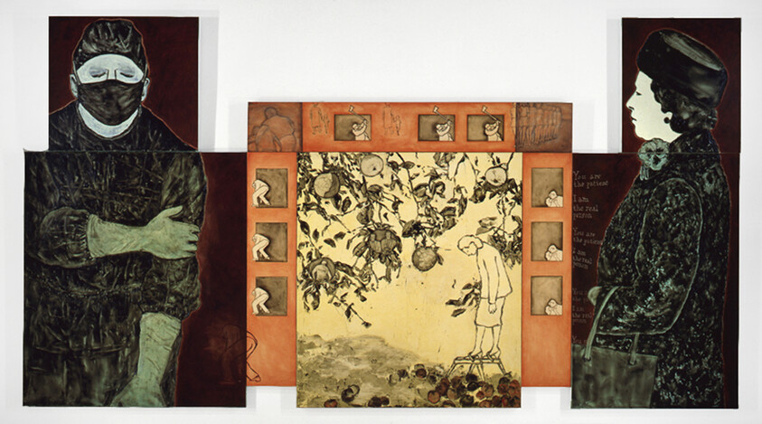 Two dark-clad figures flank a central scene of a person on a stool reaching for hanging fruit-like objects.