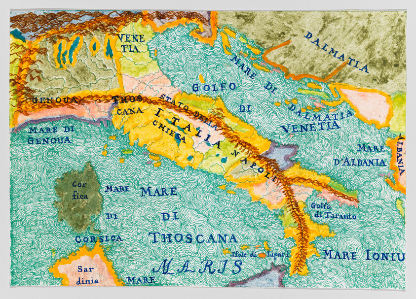 A colorful, textured map depicting regions of Italy and surrounding areas, with labels such as "VENE TIA," "GENOUA," "ITALIA," and "DALMATIA." The map features stylized topographical elements with mountain ranges in brown and orange, bodies of water in blue, and land in green and yellow. Names of seas like "MARE DI GENOUA," "MARE ADRIATICO," and "MARE IONIO" are also visible, along with the islands of Corsica and Sardinia labeled as "Corfica" and "Sardinia" respectively.