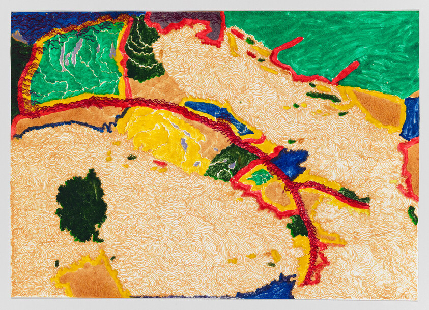 A vibrant abstract artwork featuring a textured surface with swirling patterns predominantly in shades of yellow. The composition includes bold lines in red and blue, with patches of green, creating a sense of dynamic movement across the canvas.