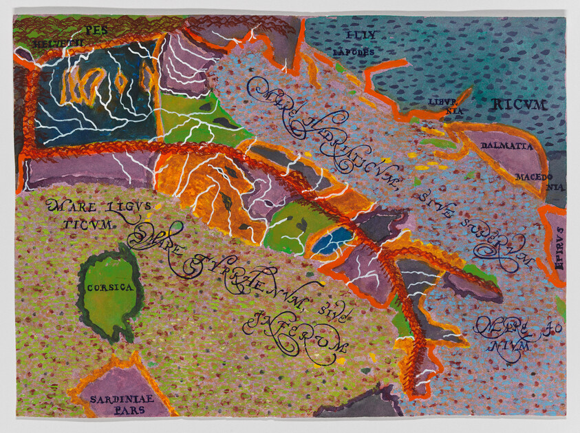 A colorful, abstract representation of a map featuring regions labeled with stylized, script text. Vivid oranges, reds, and greens dominate the image, with areas marked as "CORSICA," "SARDINAE," and "MARE IGVVM TICVM" among others. The texture appears painterly with a speckled background, and the borders between regions are highlighted with bright, fiery lines.