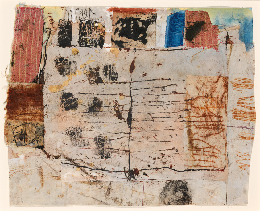 Abstract mixed-media collage with stitched lines, fabric patches, smudges, and faint printed marks.