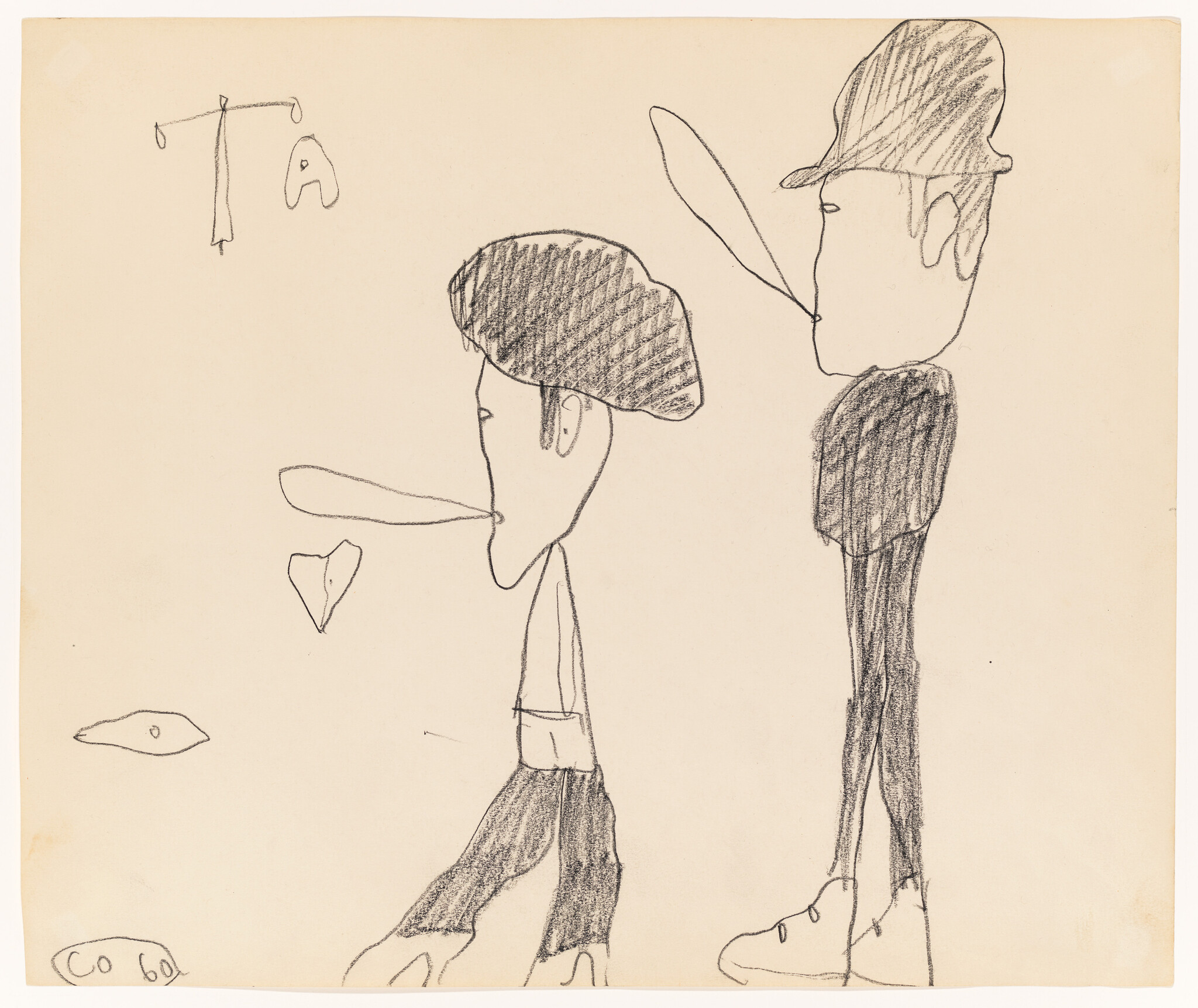 Two skinny figures wearing hats walk left to right, one with an extended speech-like shape.