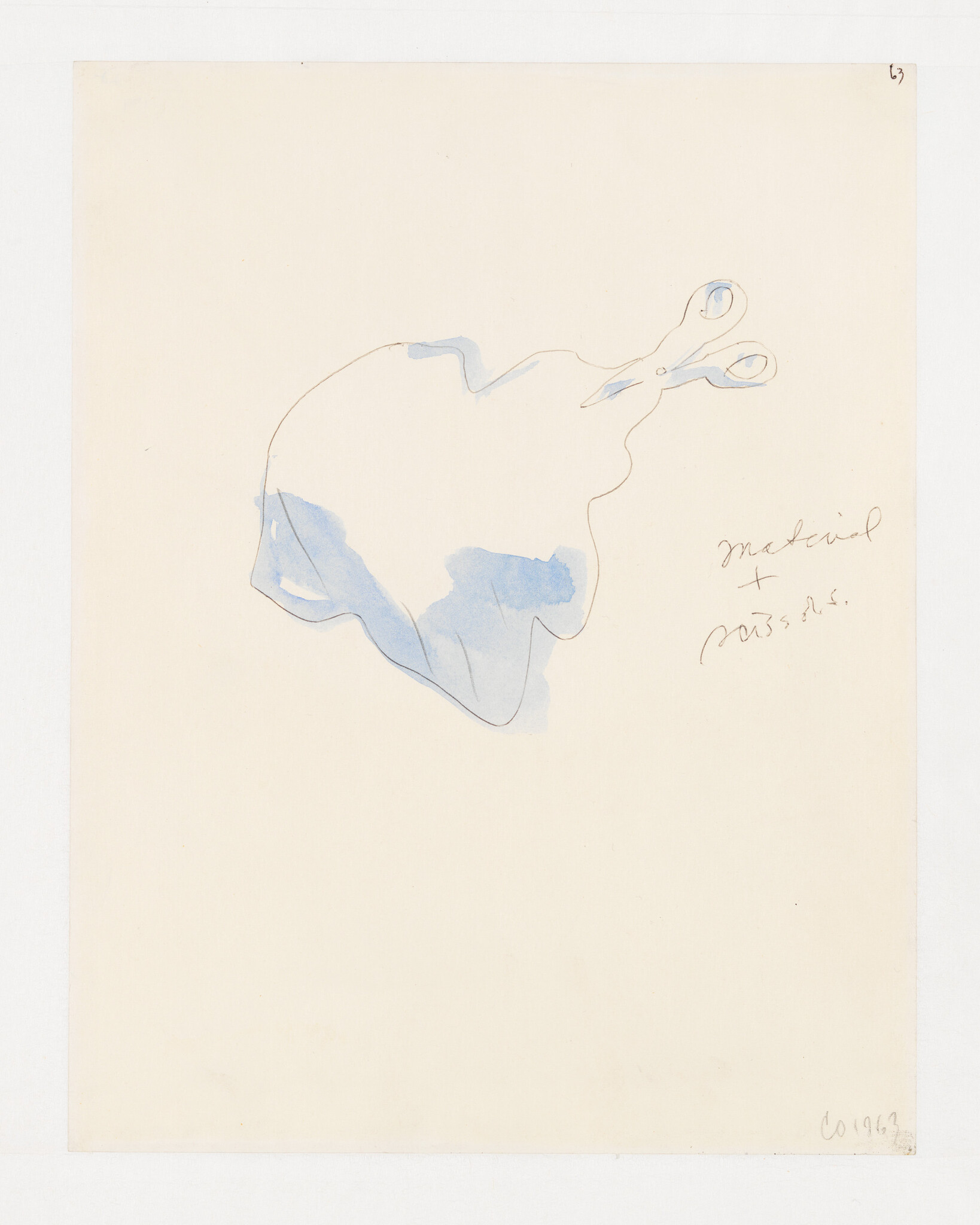 A loose sketch of scissors cutting a draped blue fabric with handwritten notes beside it.