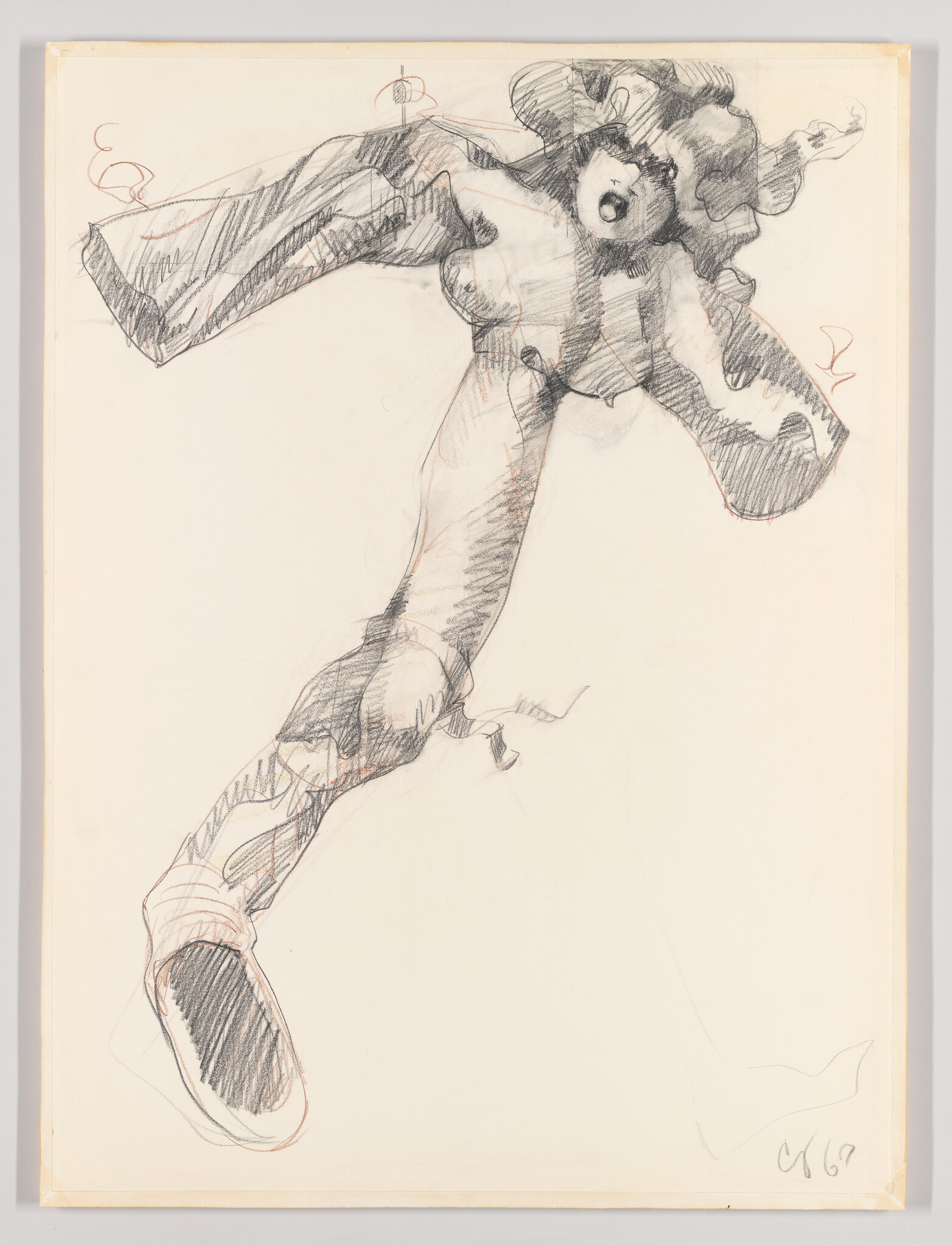 Sketch of a distorted, elongated human leg and torso with a shoe at the lower end.