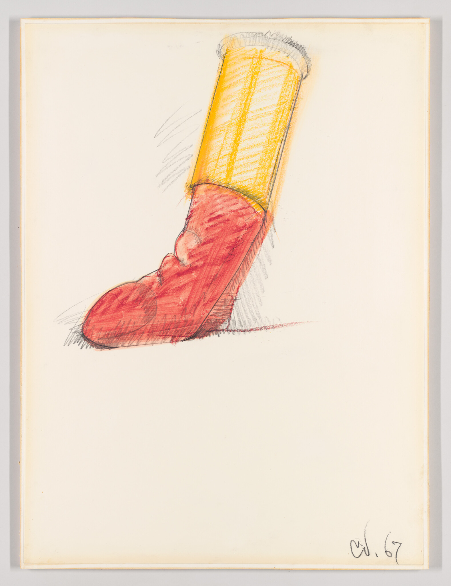 A red boot with a yellow top, sketched on a plain background. Signature in the corner.