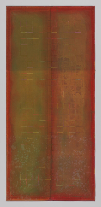 Tall vertical abstract painting with greenish center, red border, and faint yellow rectangular outlines.