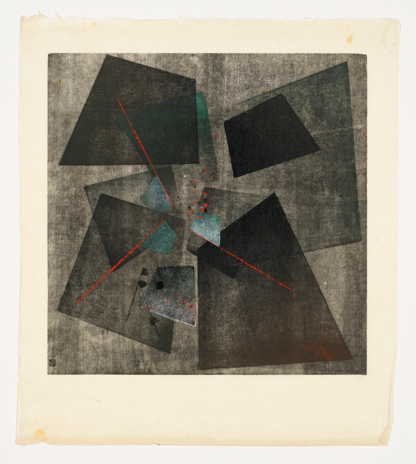 Dark overlapping geometric shapes with three thin red diagonal lines and scattered blue accents.